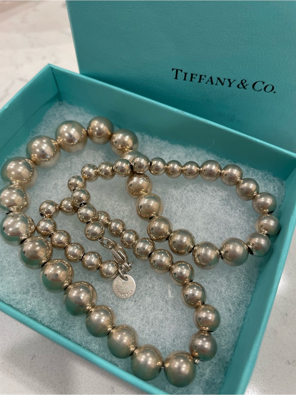 Tiffany & Co. Sterling Silver Graduated Ball Necklace with Original Box